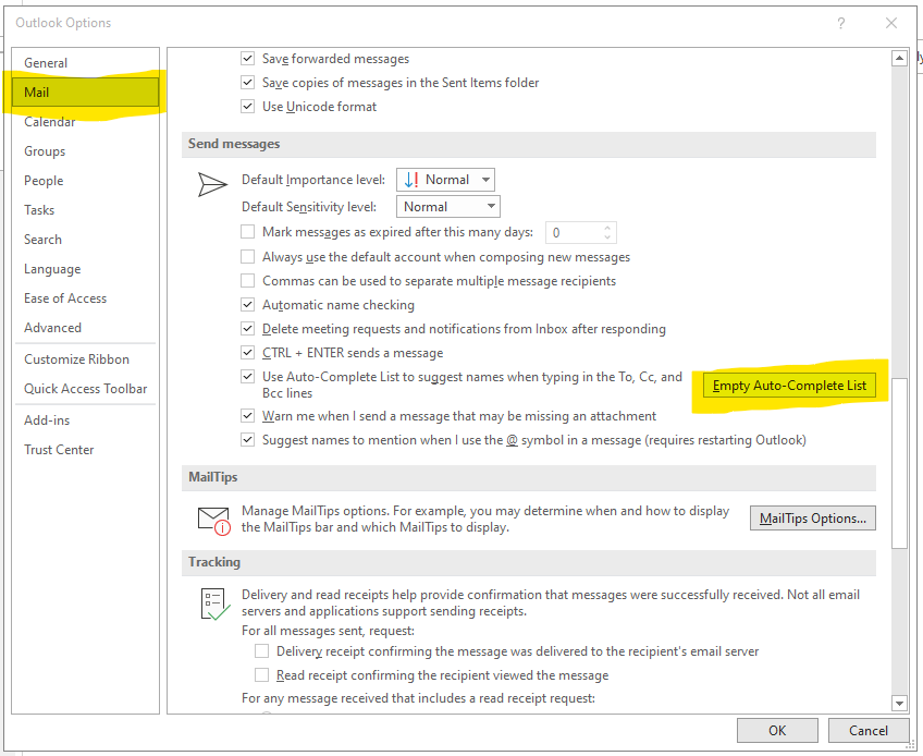 Screengrab showing the location of the 'Mail' navigation tab in Outlook's Options dialog box, and the 'Empty Auto-Complete List' button under the 'Send messages' section.